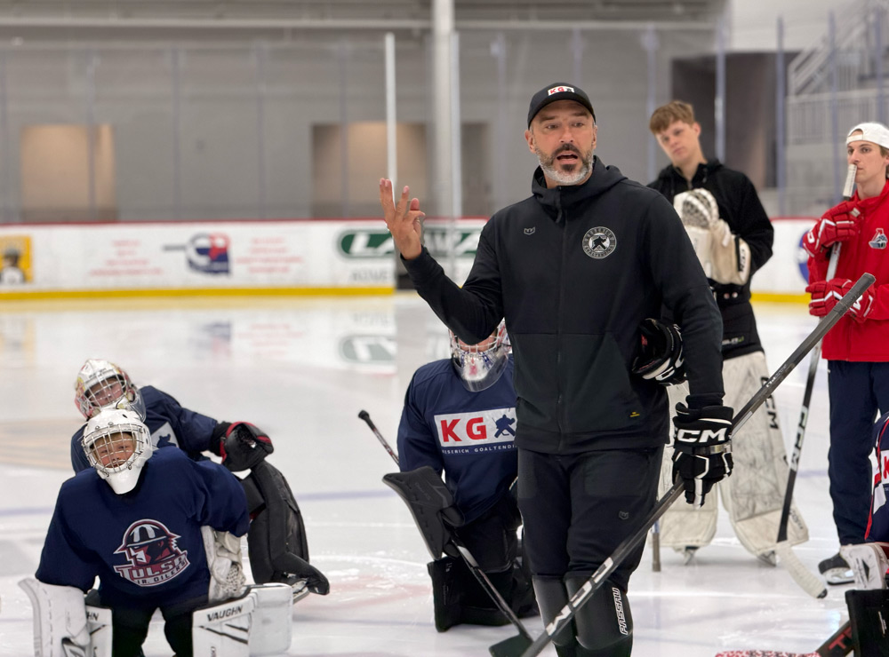 Ian Keserich, former pro goaltender, instructing goalies at a Keserich Goaltending camp